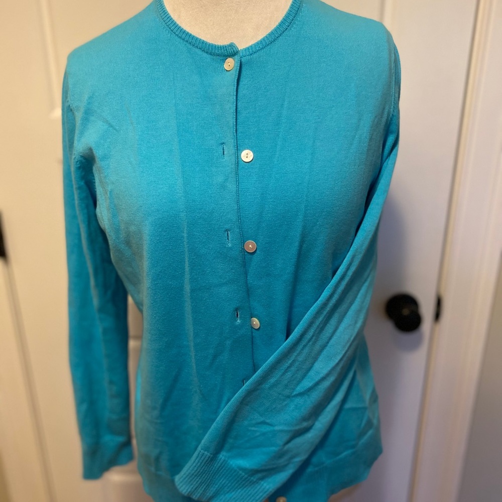 Lands End Turquoise Cardigan, Size M.